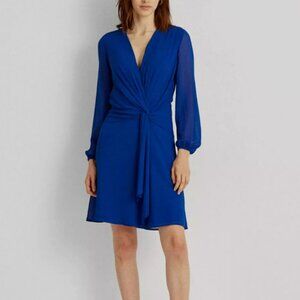 LRL Sapphire Georgette Long-sleeve Dress in Royal Blue Faux Wrap Chiffon 16P